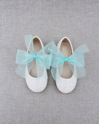 Fairy Inspired Shoes -  White Rock Glitter Mary Jane Flats with Chiffon BowKids Shoes