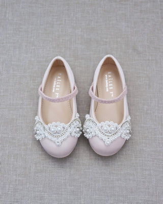 Satin Mary Jane Flats with Small Pearls AppliqueKids Shoes