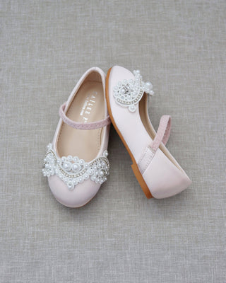 Satin Mary Jane Flats with Small Pearls AppliqueKids Shoes