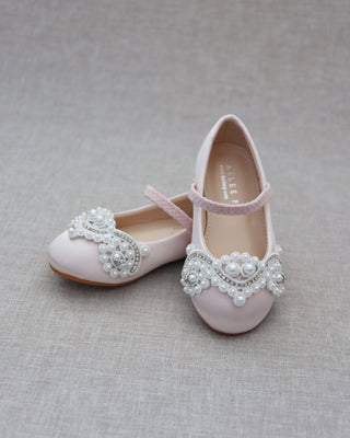 Satin Mary Jane Flats with Small Pearls AppliqueKids Shoes