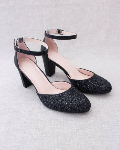 Black Glitter Block Heels