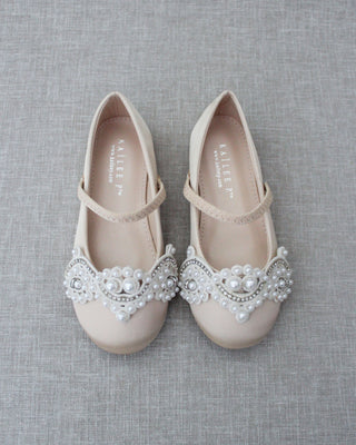 Satin Mary Jane Flats with Small Pearls AppliqueKids Shoes