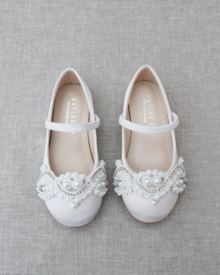 Satin Mary Jane Flats with Small Pearls AppliqueKids Shoes