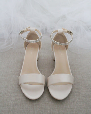 Satin Block Heel Sandals with Mini Rhinestones Embellished Ankle StrapWomen Shoes