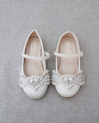 Satin Mary Jane Flats with Small Pearls AppliqueKids Shoes