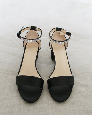 Satin Block Heel Sandals with Mini Rhinestones Embellished Ankle StrapWomen Shoes