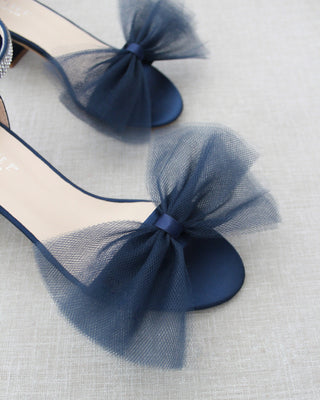 Satin Block Heel Sandal with Front Oversized Tulle BowWomen Shoes