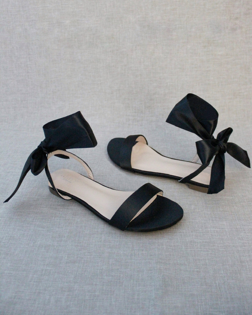Black Satin Flat Sandal with Wrapped Satin Tie, Bridesmaid Flats