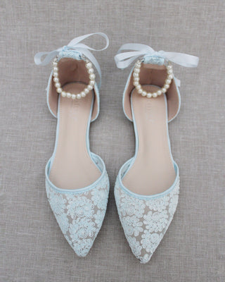 Crochet Lace Pointy Toe with All Pearls Ankle StrapWomen Shoes