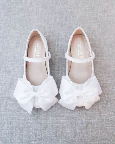 White Mary Jane Girls Flats with Front Bow