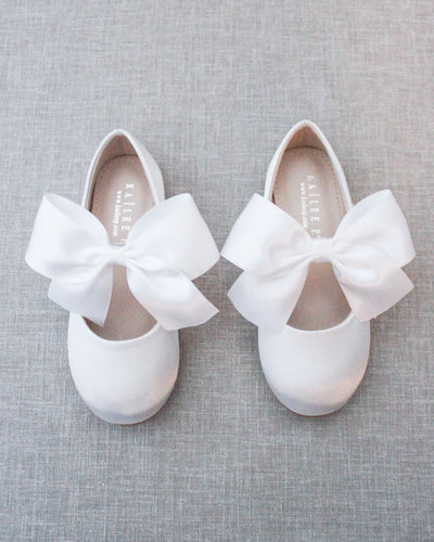 White Mary Jane Girls Flats with Bow
