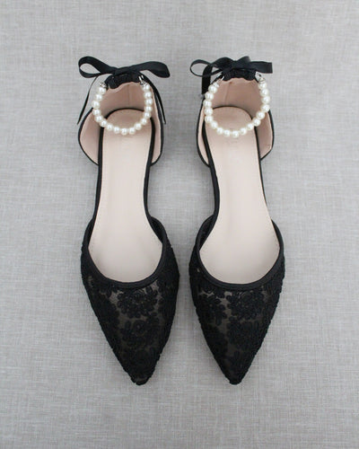 Black Lace Women Flats with Pearls Ankle Strap