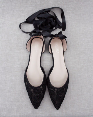 Black Crochet Lace Pointy Toe with Ballerina Lace Up or Ankle TieWomen Shoes