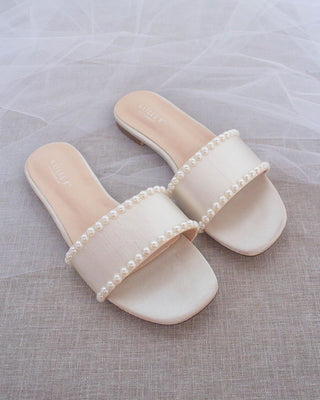 Ivory Satin Slip on Sandals with PearlsWomen Shoes