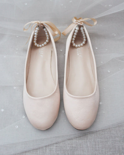 Champagne Satin Flats with Pearl Straps