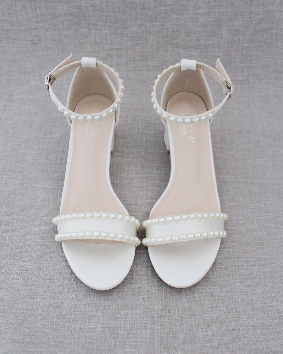 Ivory Satin Block Heel Sandals with Pearls - Women Sandals, Wedding Sandals, Bridesmaids Sandals