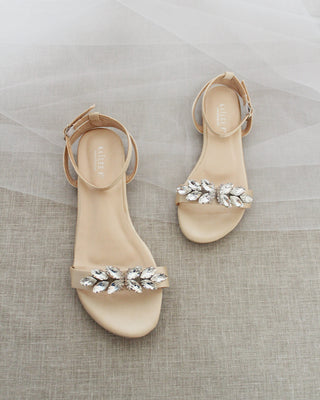 Satin Flat Sandal with Butterfly Brooch and Ankle StrapWomen Shoes