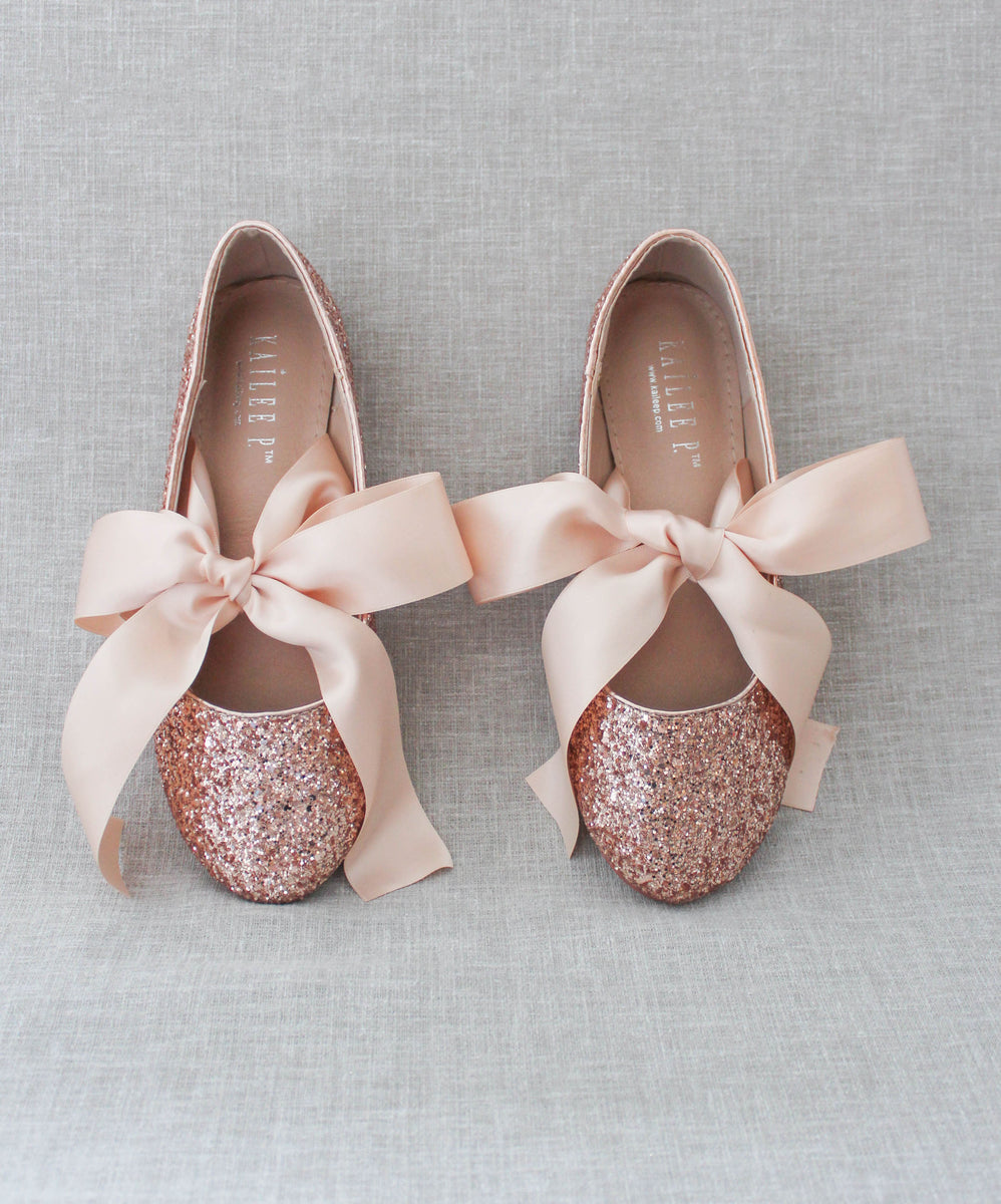 Glitter Flats with Satin Ties, Rose Gold Glitter Shoes, Bridal Shoes