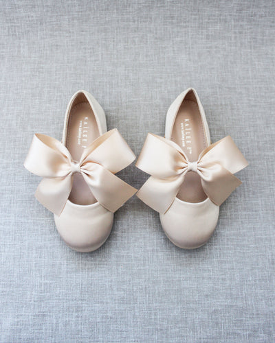 Champagne Mary Jane Girls Flats with Bow