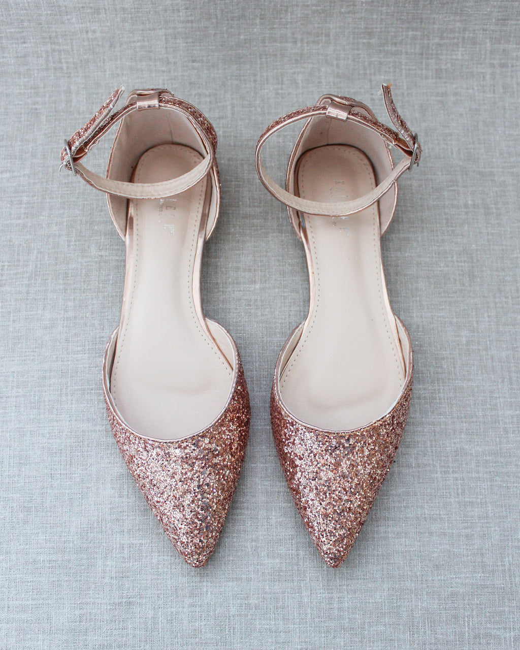 Rose Gold Bridal Pointy Toe Glitter Flats, Wedding Shoes, Prom Shoes 6.5
