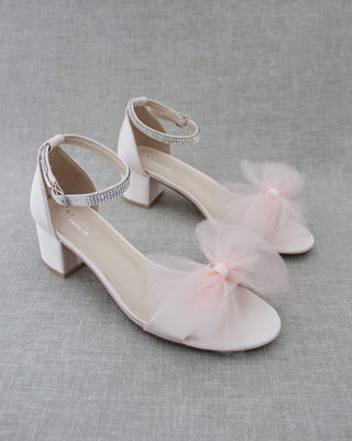 Satin Block Heel Sandal with Front Oversized Tulle BowWomen Shoes