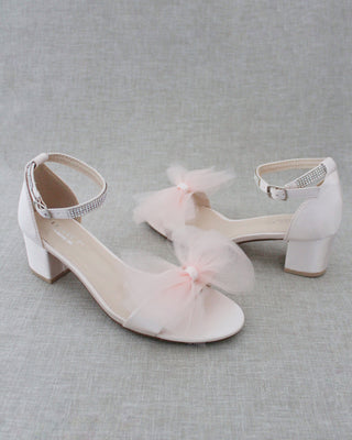 Satin Block Heel Sandal with Front Oversized Tulle BowWomen Shoes