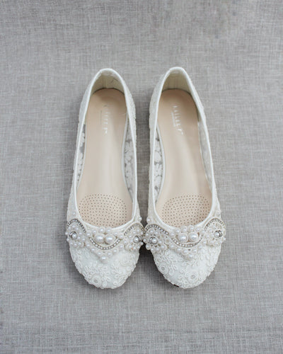 Ivory Pearl Lace Womens Flats