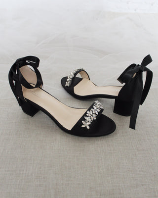 Satin Block Heel Sandals with Floral RhinestonesWomen Shoes
