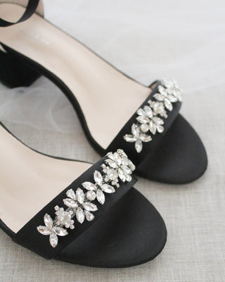 Satin Block Heel Sandals with Floral RhinestonesWomen Shoes