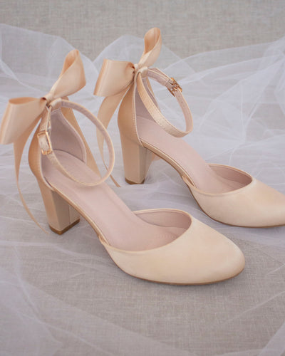 Champagne Satin Block Heels with Back Bow
