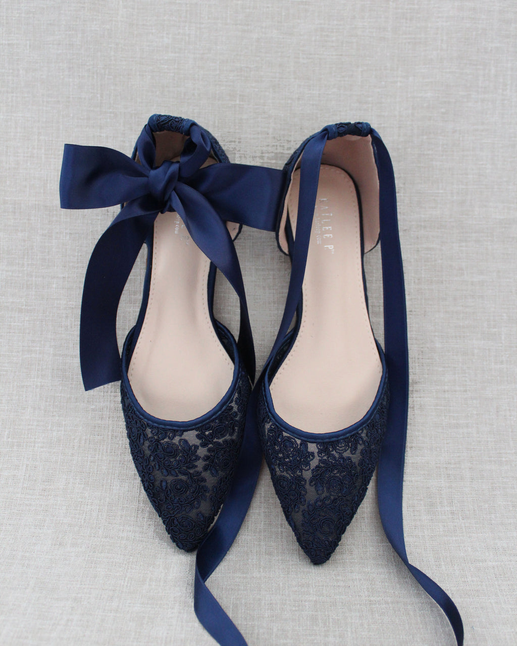 Navy Crochet Lace Pointy Toe with Ballerina Lace Up, Wedding Shoes