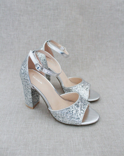 silver rock glitter women block heel