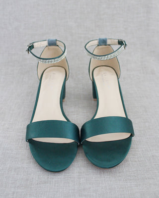 Satin Block Heel Sandals with Mini Rhinestones Embellished Ankle StrapWomen Shoes