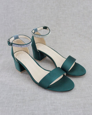 Satin Block Heel Sandals with Mini Rhinestones Embellished Ankle StrapWomen Shoes