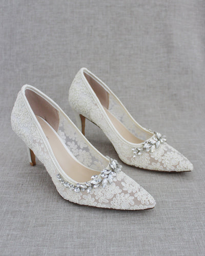ivory lace pump with rhinestones