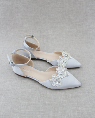 Satin Pointy Toe Flats with Rhinestones Applique EmbellishmentsWomen Shoes
