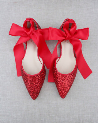 Rock Glitter Pointy Toe Flats with Satin Ankle Tie or Ballerina Lace UpWomen Shoes