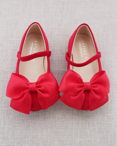 Red Mary Jane Girls Flats with Front Bow