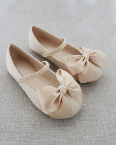 Champagne Mary Jane Girls Flats with Front Bow