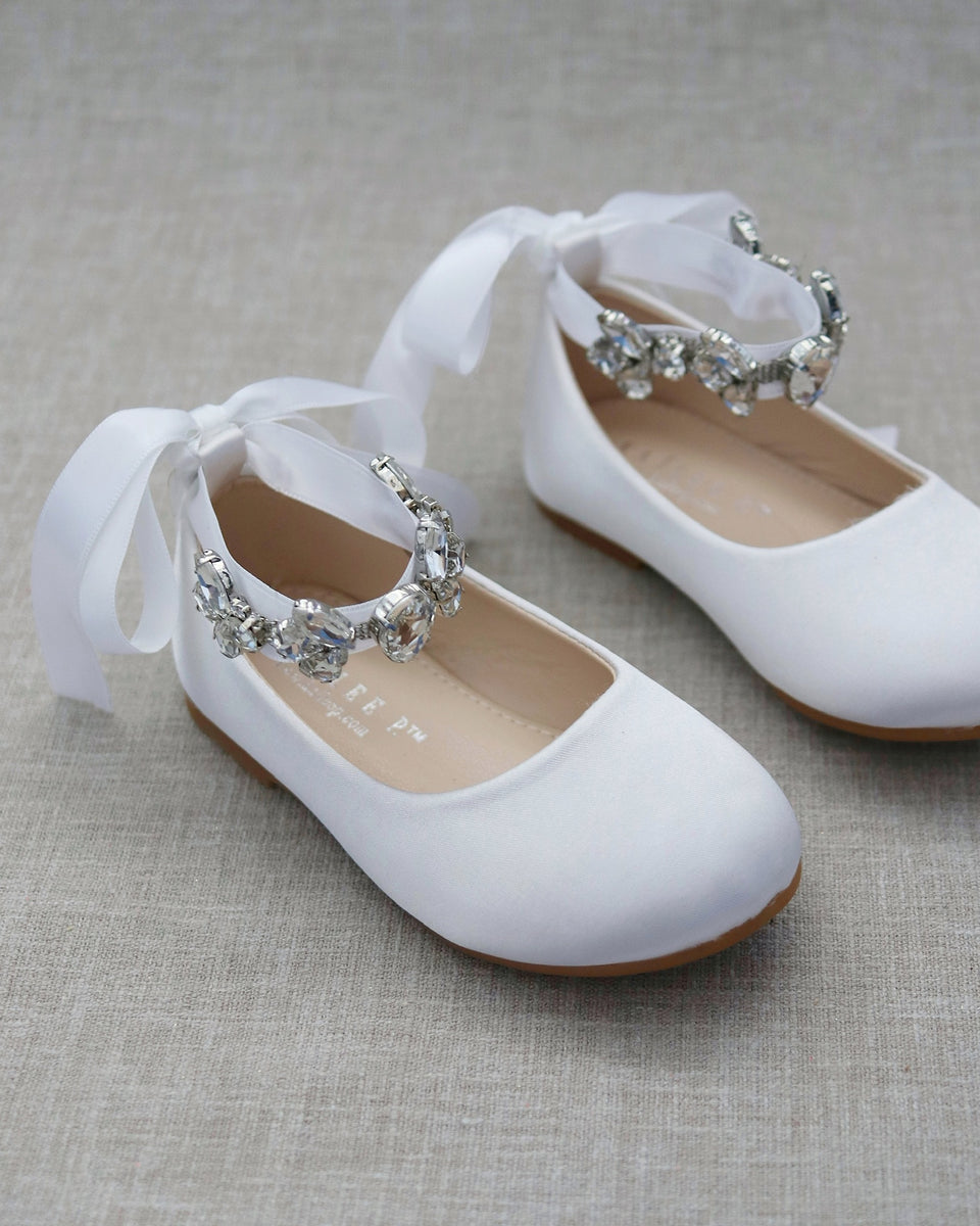 White Satin Flower Girls Ballet Flats with Navette Cluster Rhinestones