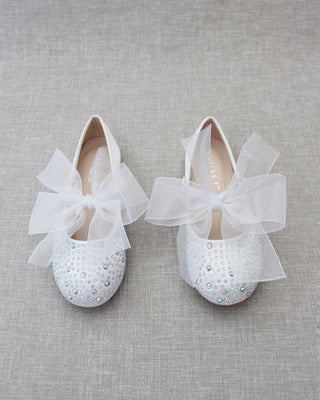 Satin Mary Jane Flats With Rhinestones Embellishment & White Chiffon BowKids Shoes