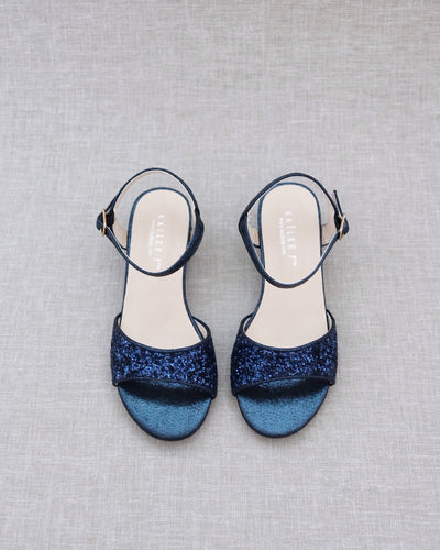 Navy Blue Glitter Block Heel Sandals
