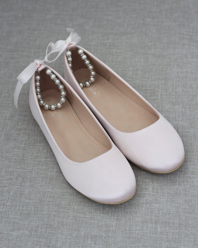 Pink Satin Women Flats with Pearl Straps