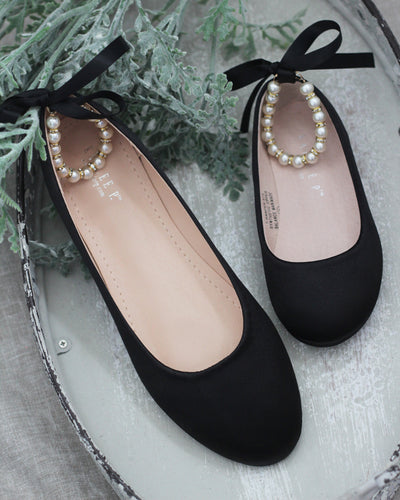 Black Satin Flats with Pearl Straps
