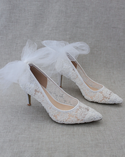 White lace women heels with tulle back bow
