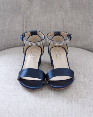 Satin Girls Block Heel Sandals with Mini Rhinestones Embellished Ankle StrapKids Shoes
