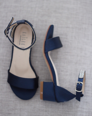 Satin Girls Block Heel Sandals with Mini Rhinestones Embellished Ankle StrapKids Shoes