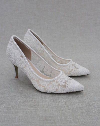 White Lace Women Heels with mini pearls