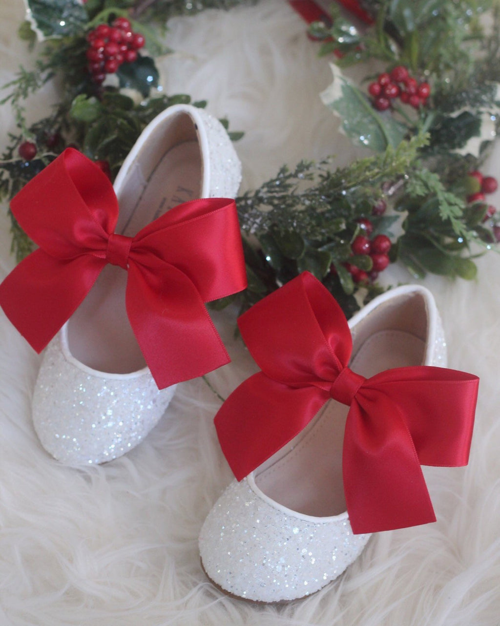 White Rock Glitter Maryjane Flats With Red Satin Bow, Holiday Shoes ...