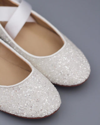 White Glitter Flats with Satin TiesWomen Shoes
